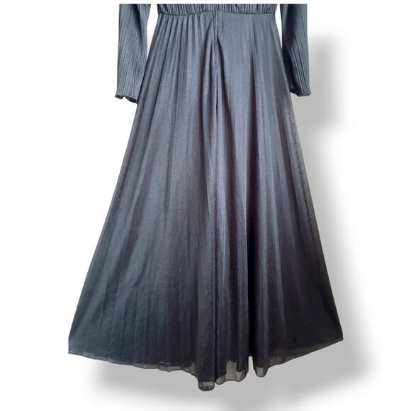 Miss Rubette Vintage Black Pleated Maxi Dress Sheer Sleeves 60s 70s Sz 12 - Picture 10 of 11